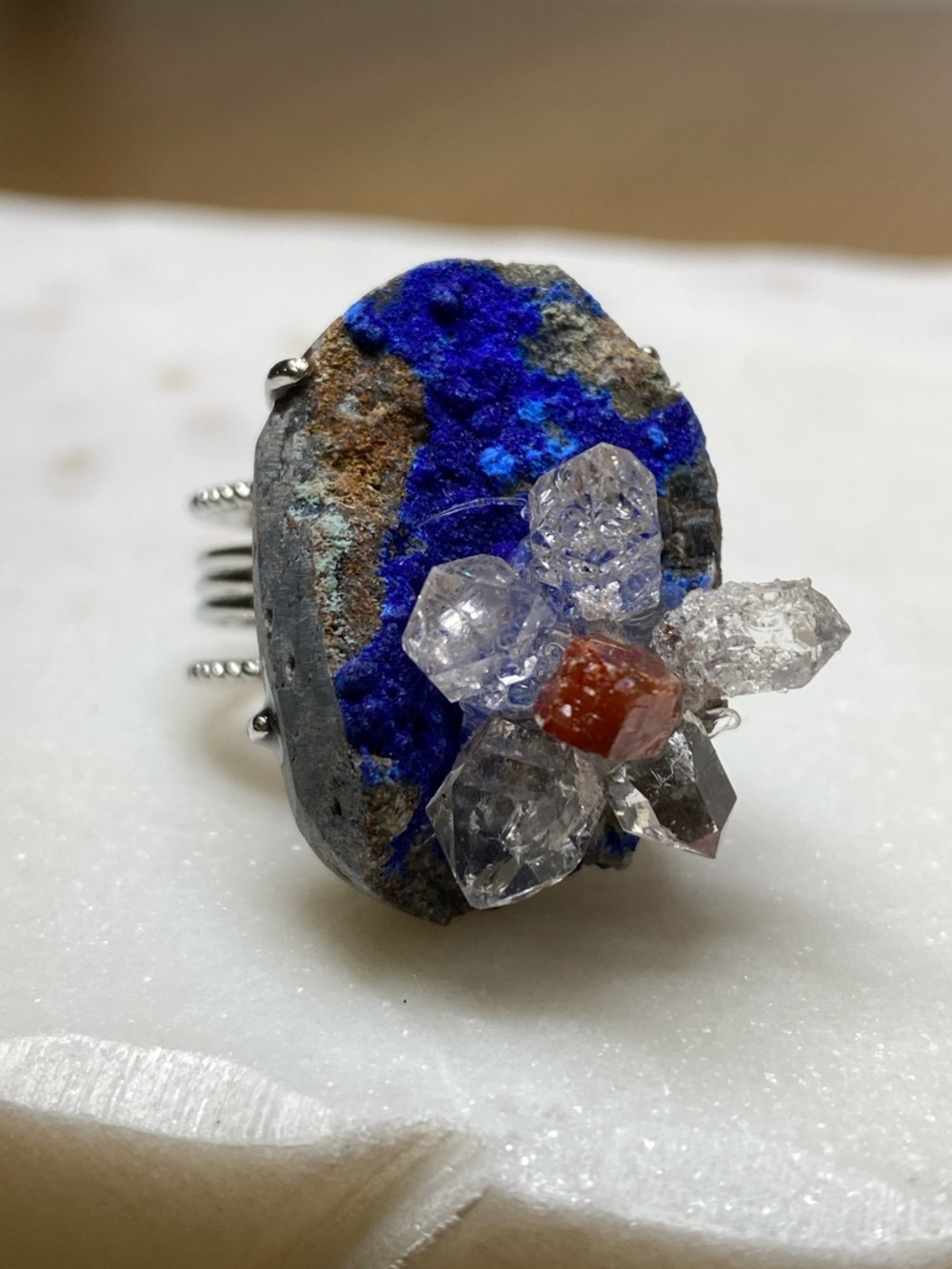 Raw Azurite & Herkimer Diamond Ring Deep Cobalt Druzy High-Vibration